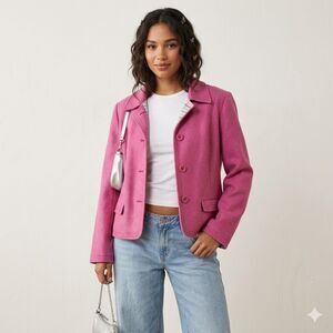 GAP Fuchsia Pink Wool-Blend Plaid-Lined Y2K Crop Blazer Size L